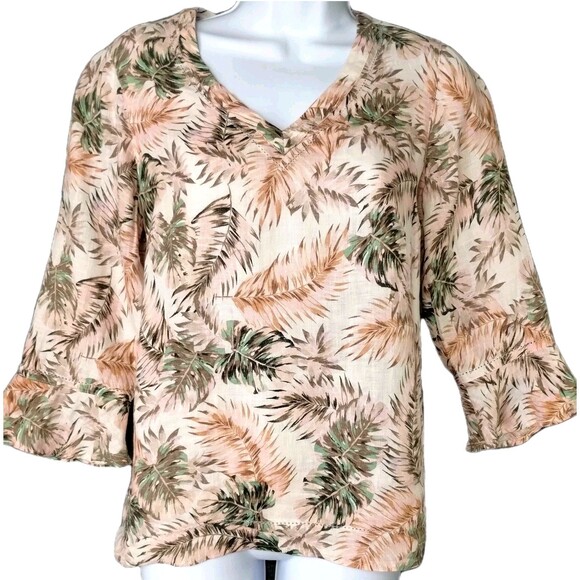 J. Jill Tops - Linen Pink Tan Tropical Top Sz XS Palm Trees V Neck Flounce Sleeves Resort Coast
